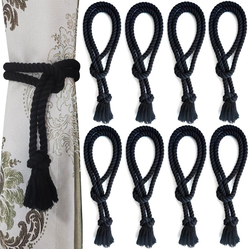 Yteseery 8 Pack Curtain tiebacks Rope, Outdoor Curtain Tiebacks, Natural Cotton Curtain Ties, Village Rural Rustic Farmhouse Curtain Holdbacks Curtain tie Backs Holders for Heavy Duty Drapes, Black - Image 1